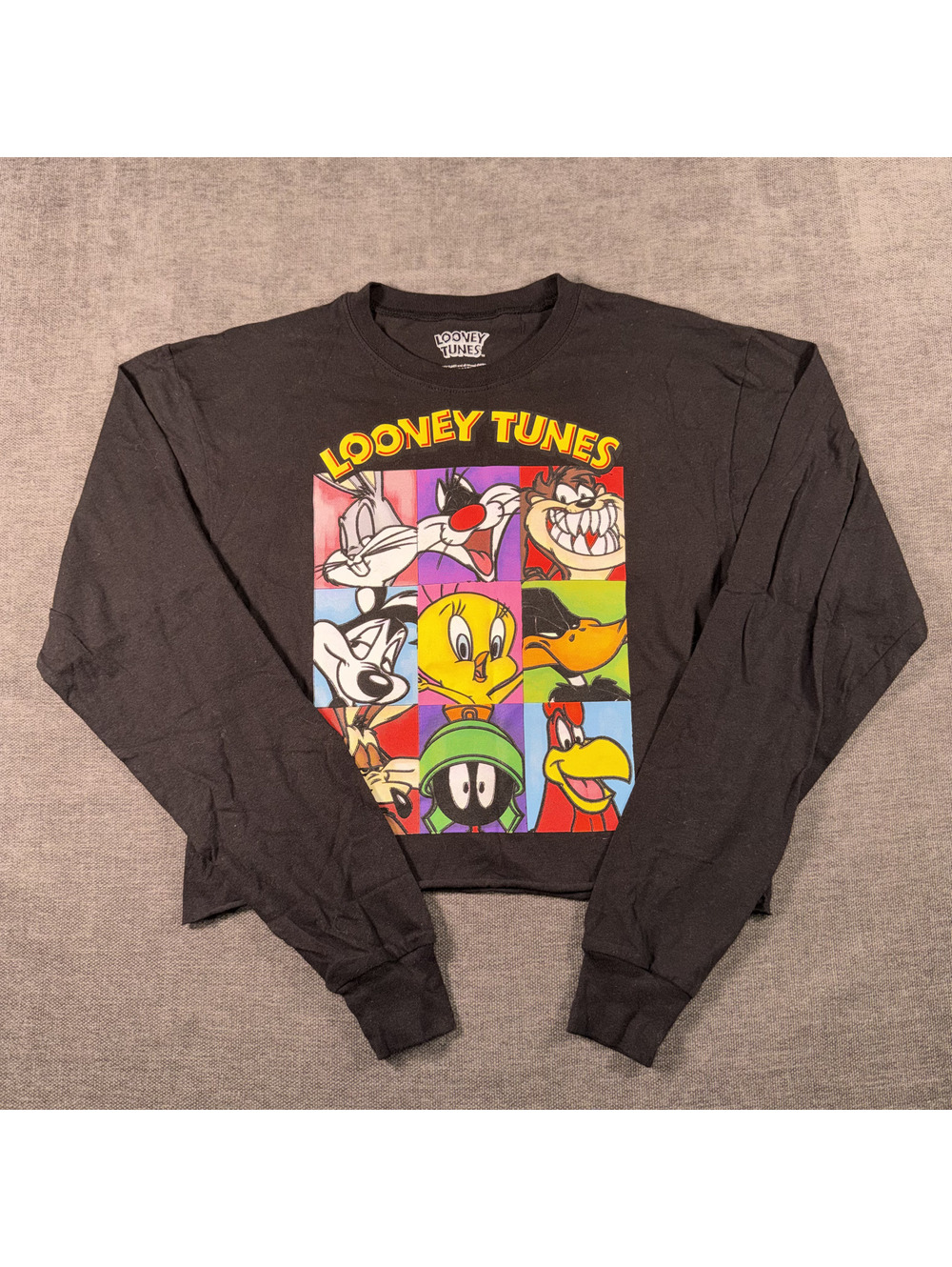 Looney Tunes Black Cropped Long Sleeve Pullover Sweatshirt, XS